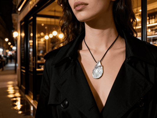 Silver-tone teardrop pendant necklace on black cord, worn at collarbone