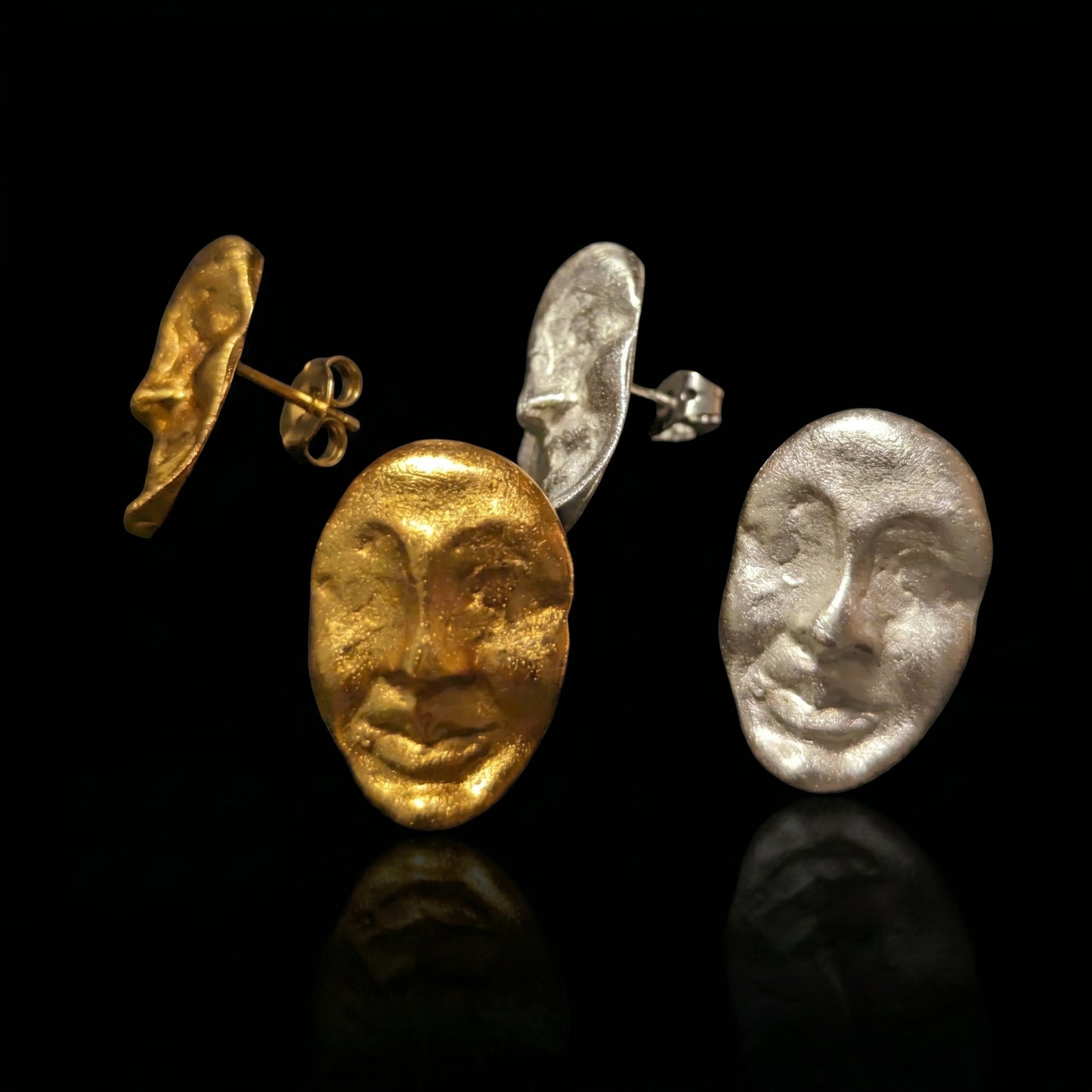 Gold and silver textured face stud earrings, oval coin shape, stud posts