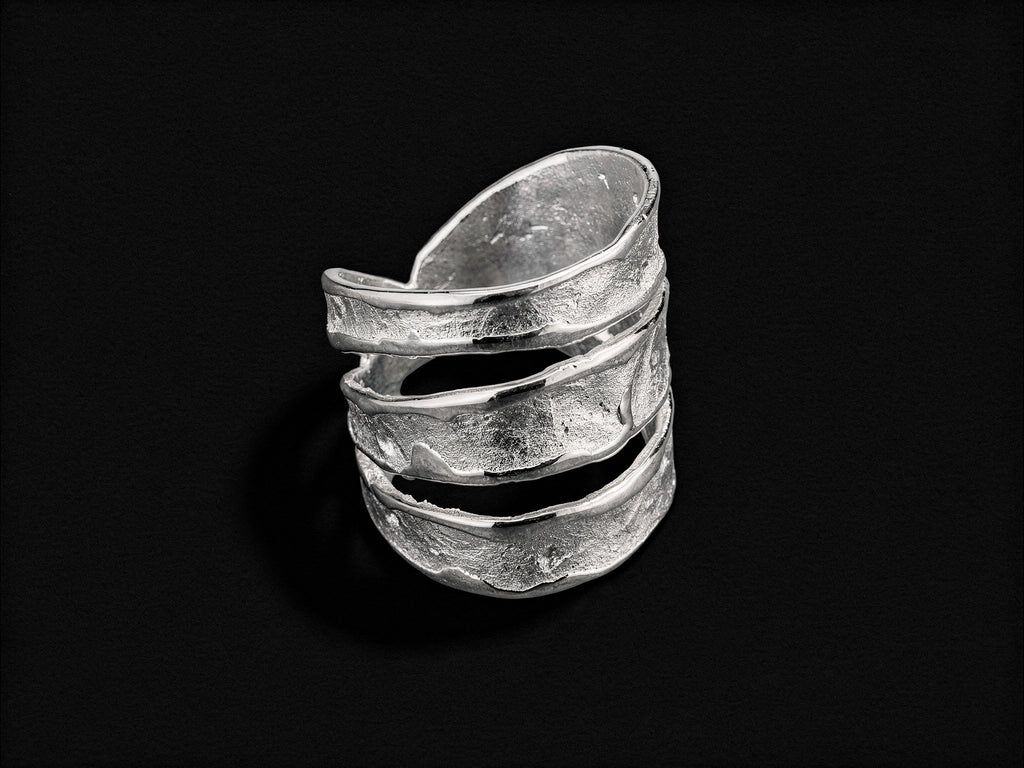 925 sterling silver ring with layered hammered bands, wide open band look