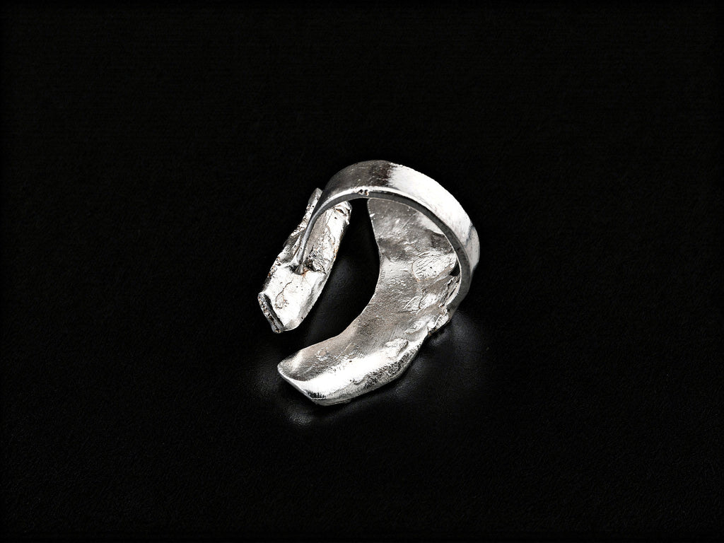 Sterling silver ring, curved open band with textured rectangular top detail