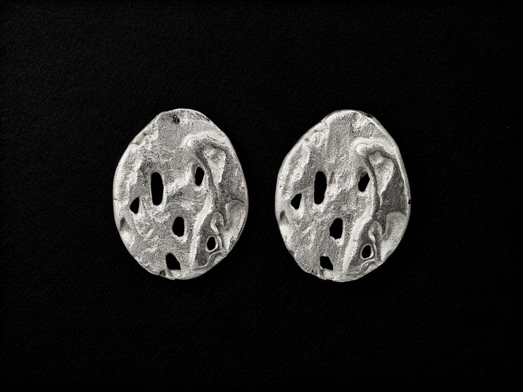 925 sterling silver earrings, hammered oval studs with abstract cutout openings