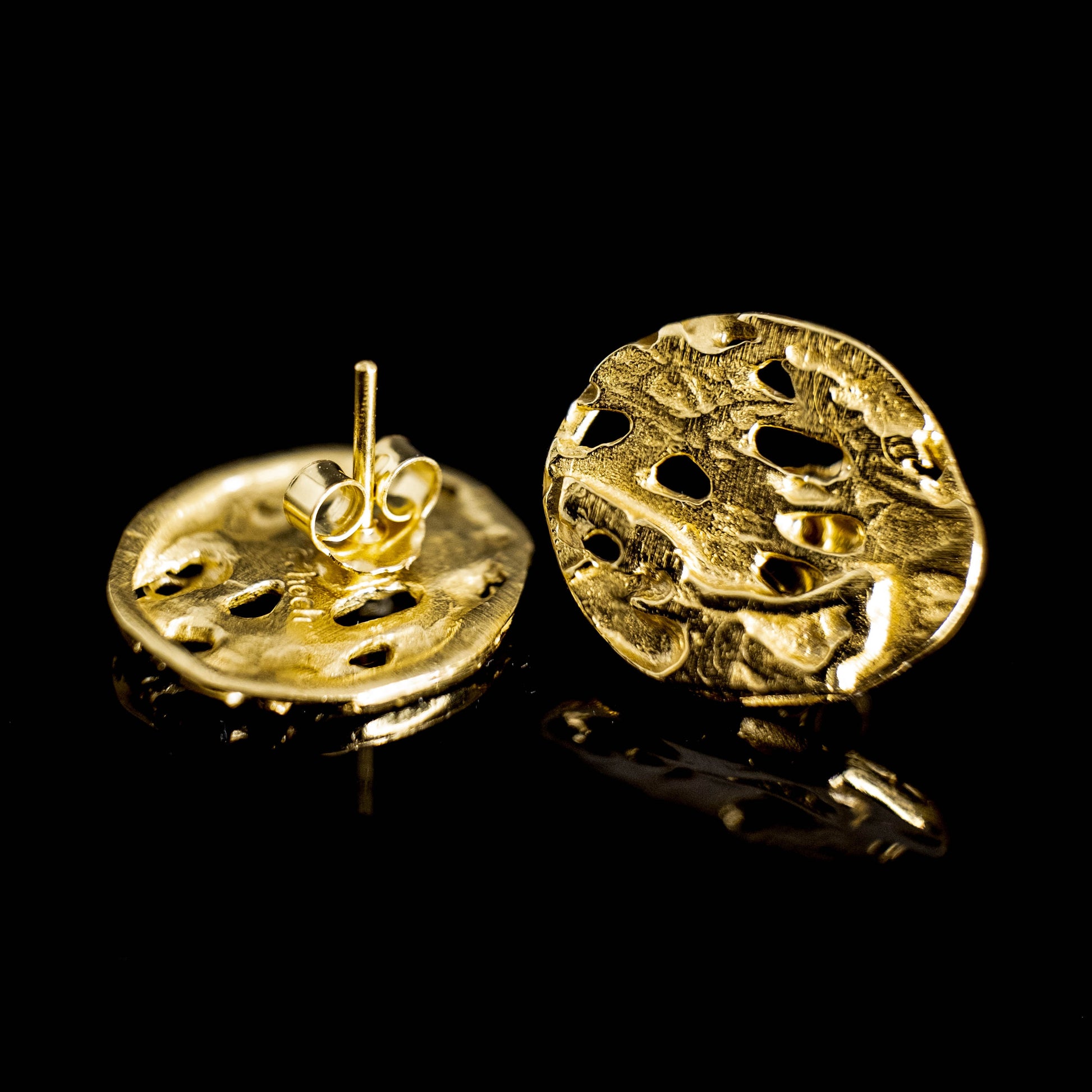 18K hollow circle earrings, front and stud back view with post and clasp