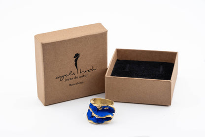Gold-tone resin inlay ring, small open band with blue and red colors