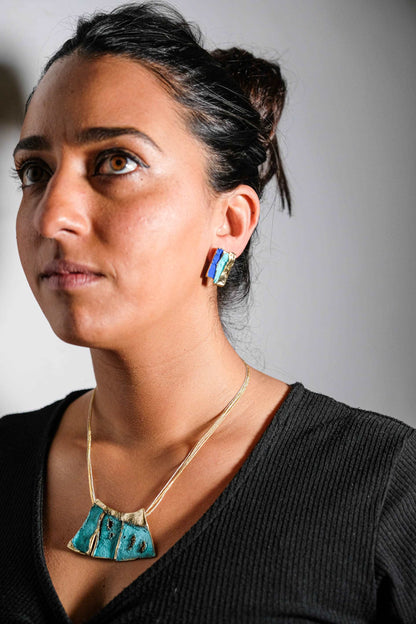 Turquoise enamel pendant necklace with geometric cutouts and thin gold chain
