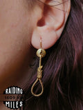 Gold rope-shaped dangle earrings with textured round tops and twisted rope teardrop loops
