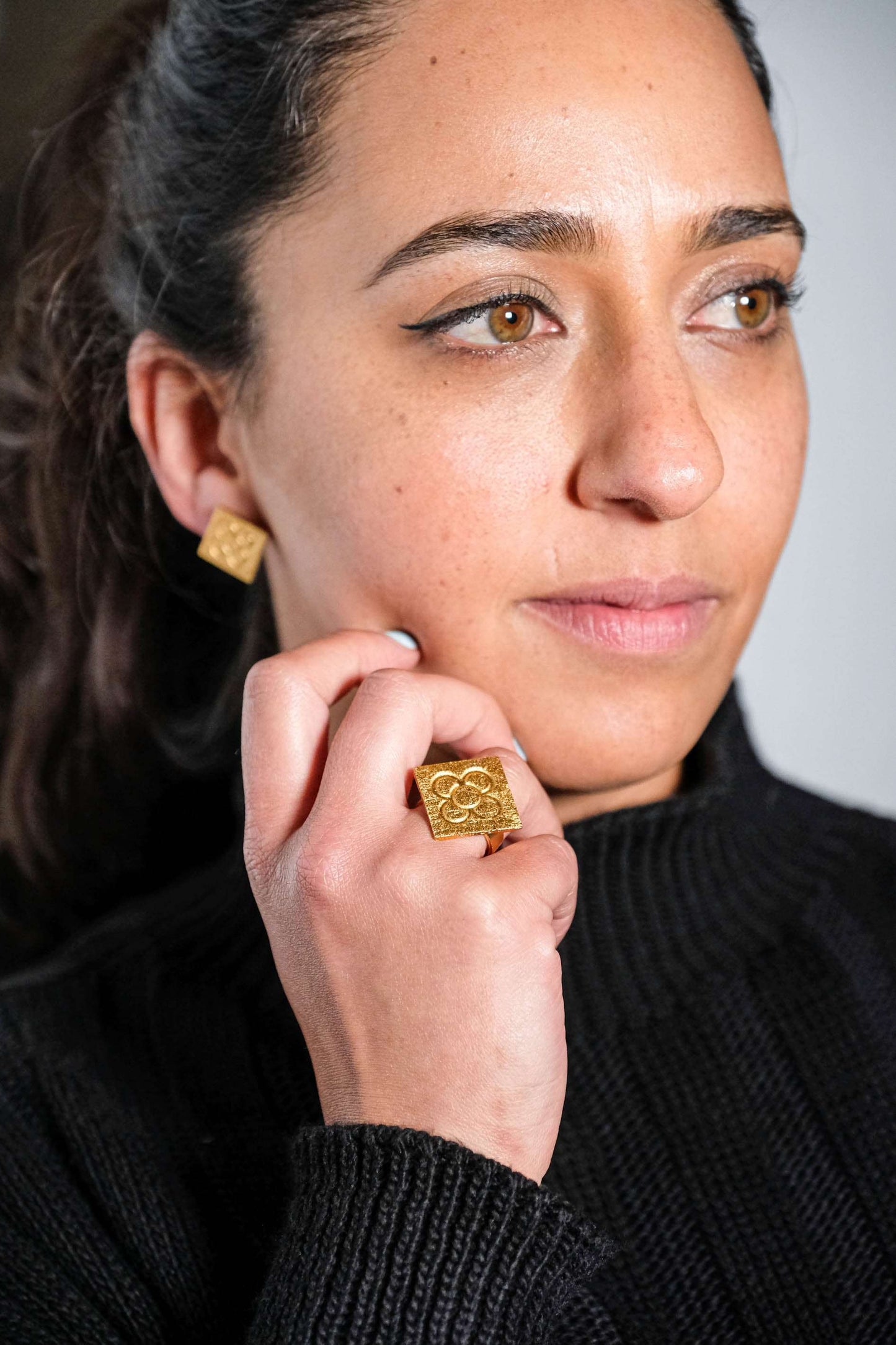 Square Catalan Panot Flower Earrings detail showing artisanal texture