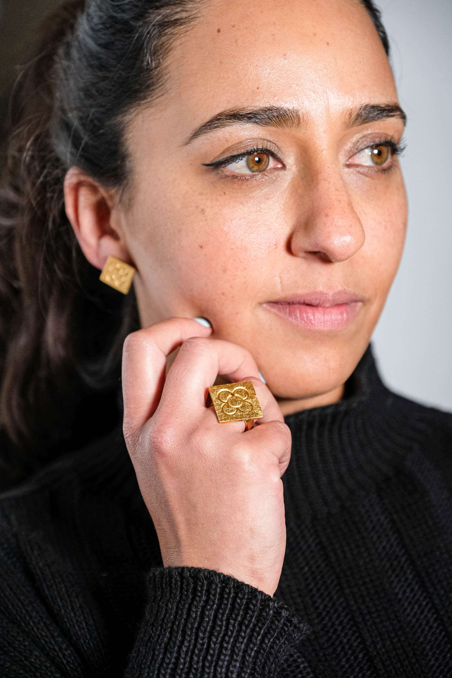 Square Catalan Panot Flower Earrings detail showing artisanal texture