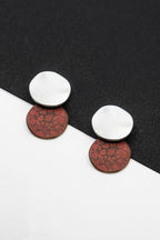 Silver-tone round earrings with red patterned drop and disc stud top