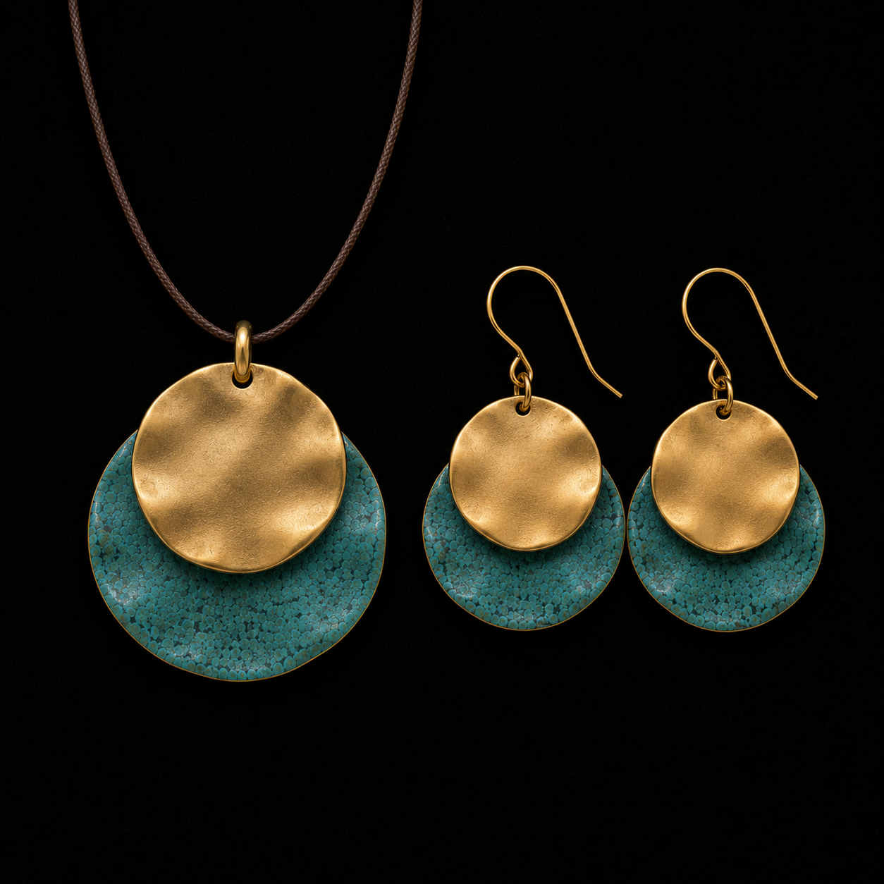Gold-tone pendant necklace and drop earrings with gold discs and turquoise textured backing