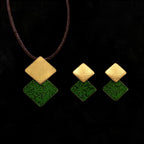 Amaren 203 earrings with gold-tone square top and green speckled diamond drop