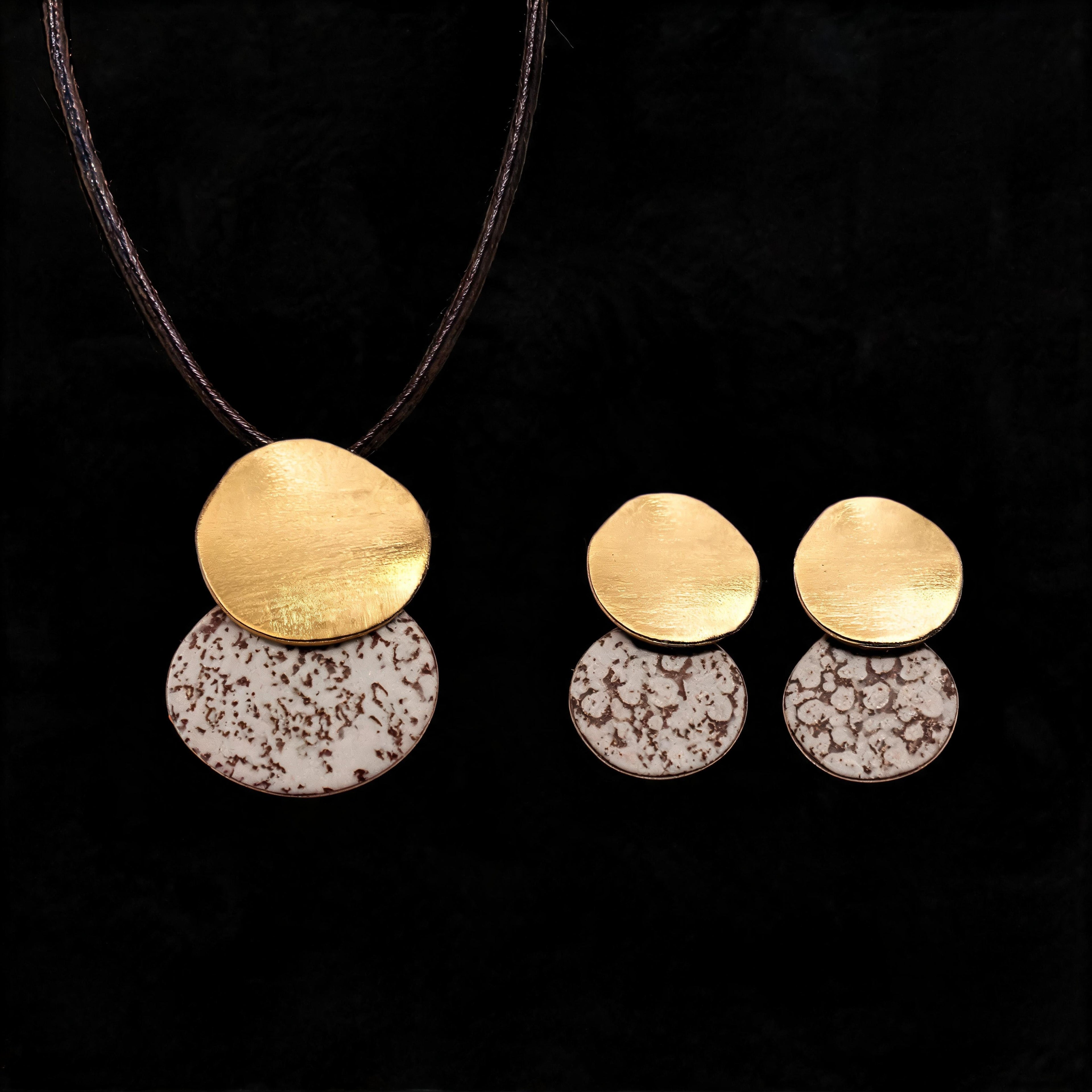 Amaren 204 earrings with gold-tone round tops and white speckled dangle discs