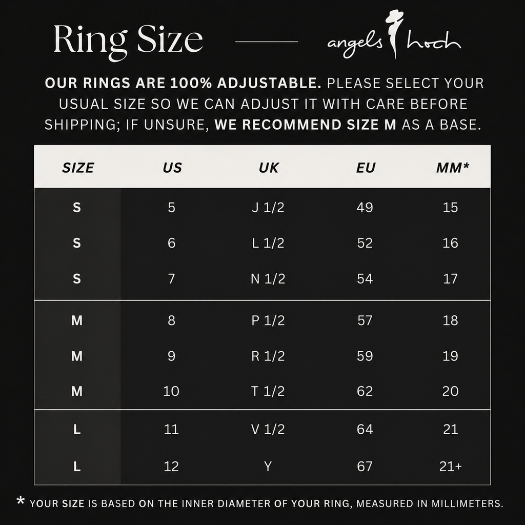 Ring size chart showing US, UK, EU and MM measurements with adjustable note