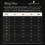 Ring size chart showing US, UK, EU and MM measurements with adjustable note