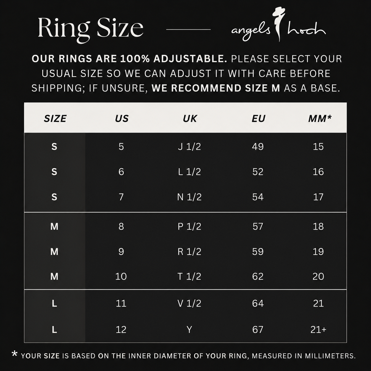 Ring size chart showing US, UK, EU and MM measurements with adjustable note