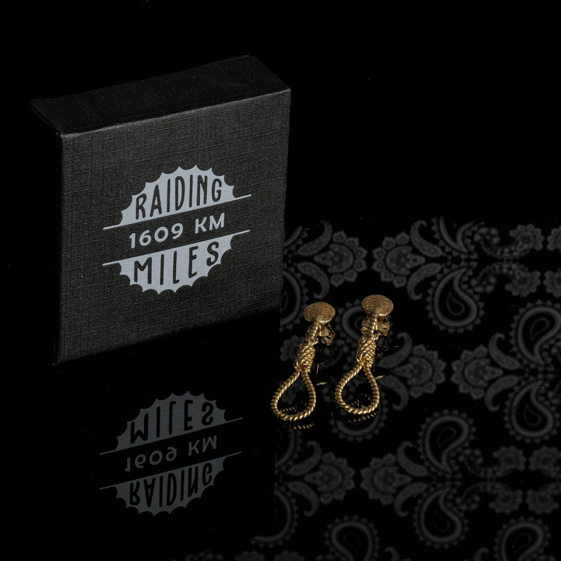 Gold rope-shaped dangle earrings with round tops and twisted rope teardrop loops