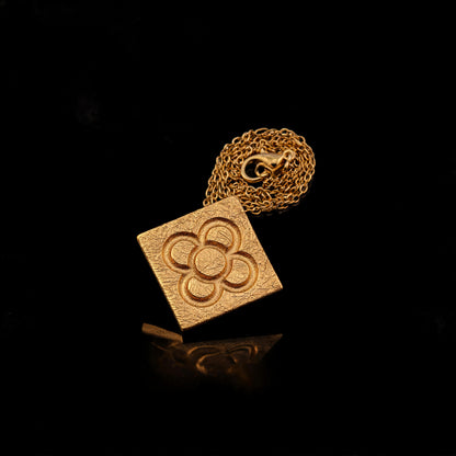 Gold square flower pendant with chain necklace, embossed quatrefoil