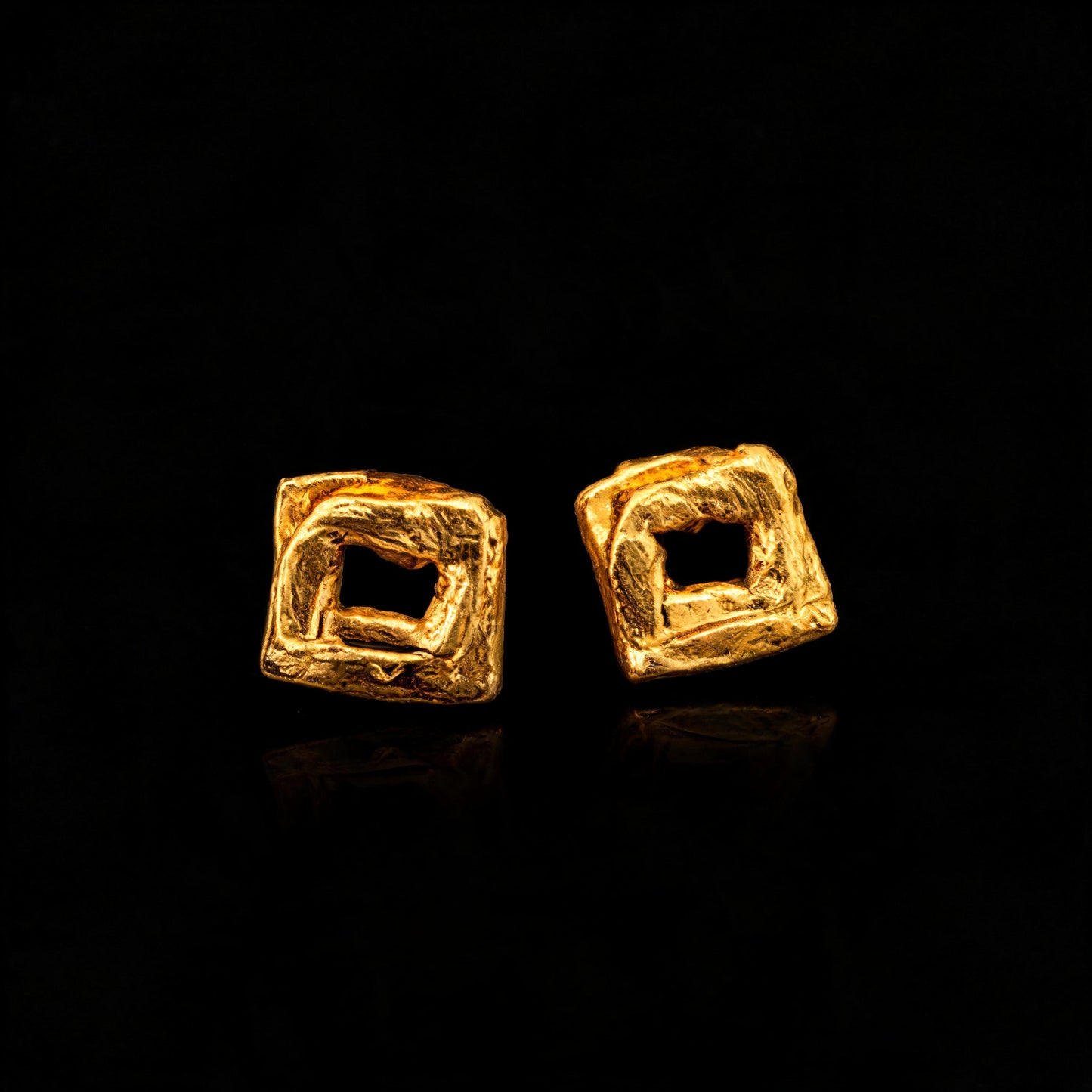 Gold antique frame stud earrings with square open center