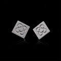 Silver square flower stud earrings with embossed quatrefoil pattern