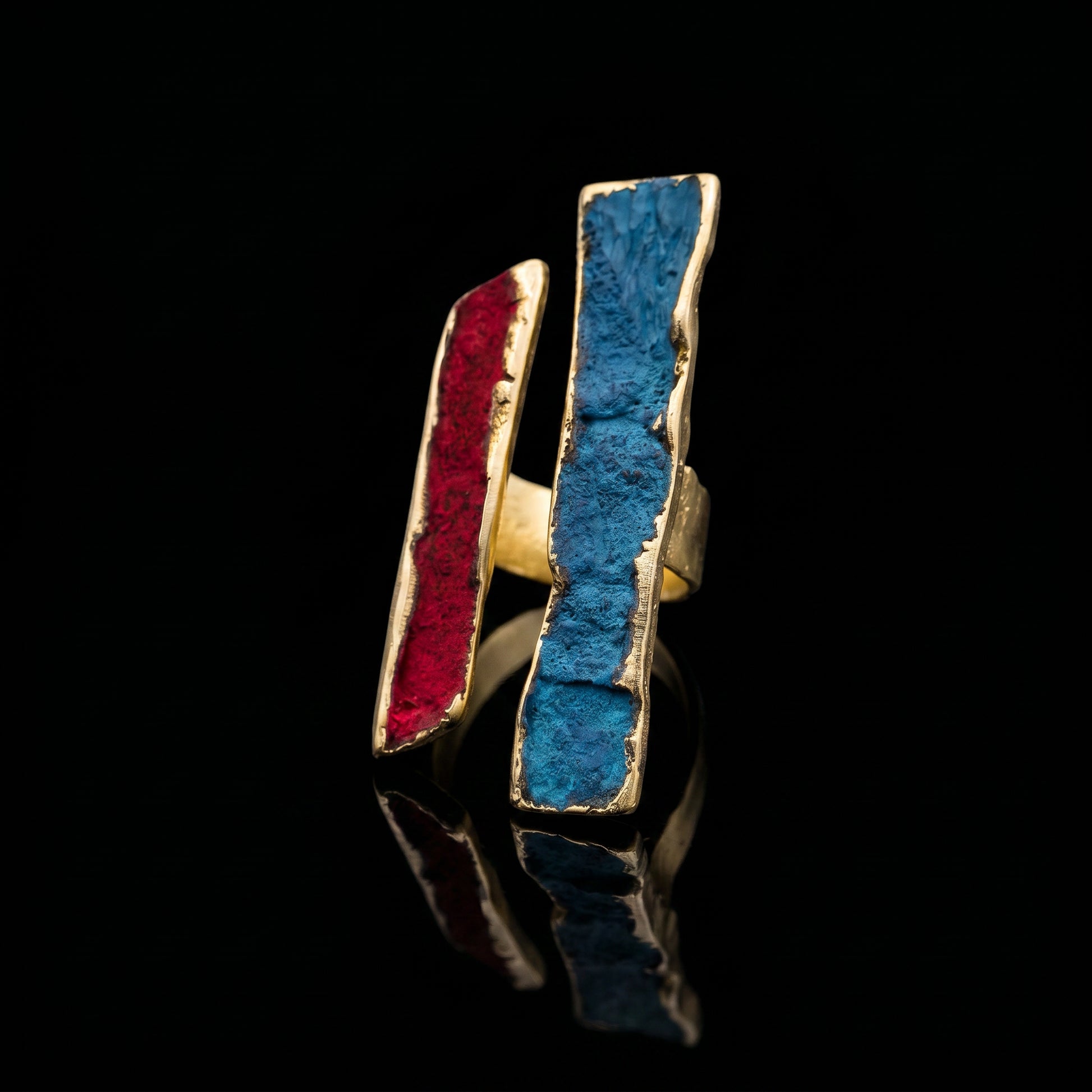 Gold-tone adjustable ring with turquoise and red enamel panels