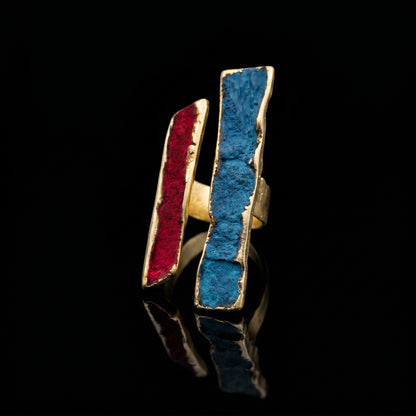 Gold-tone adjustable ring with turquoise and red enamel panels