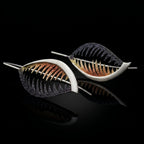 Veined leaf-shaped earrings with bronze-orange and black detail, silver-tone wire hooks.