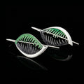 Veined leaf-shaped earrings with green and black detail, silver-tone wire hooks.
