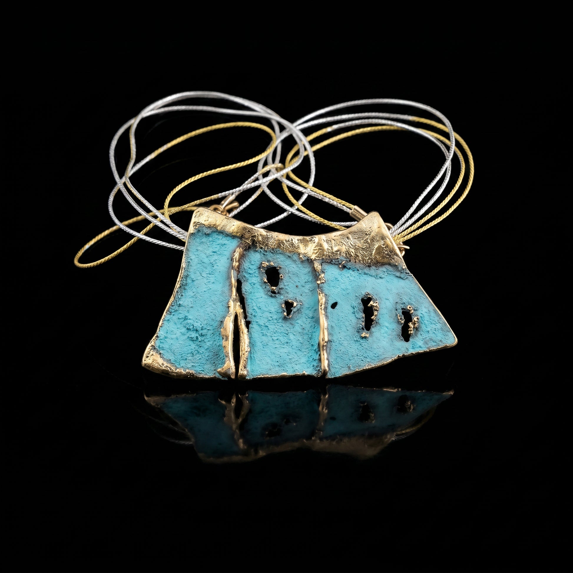 Turquoise enamel horizon pendant necklace with gold-toned accents and looped cord