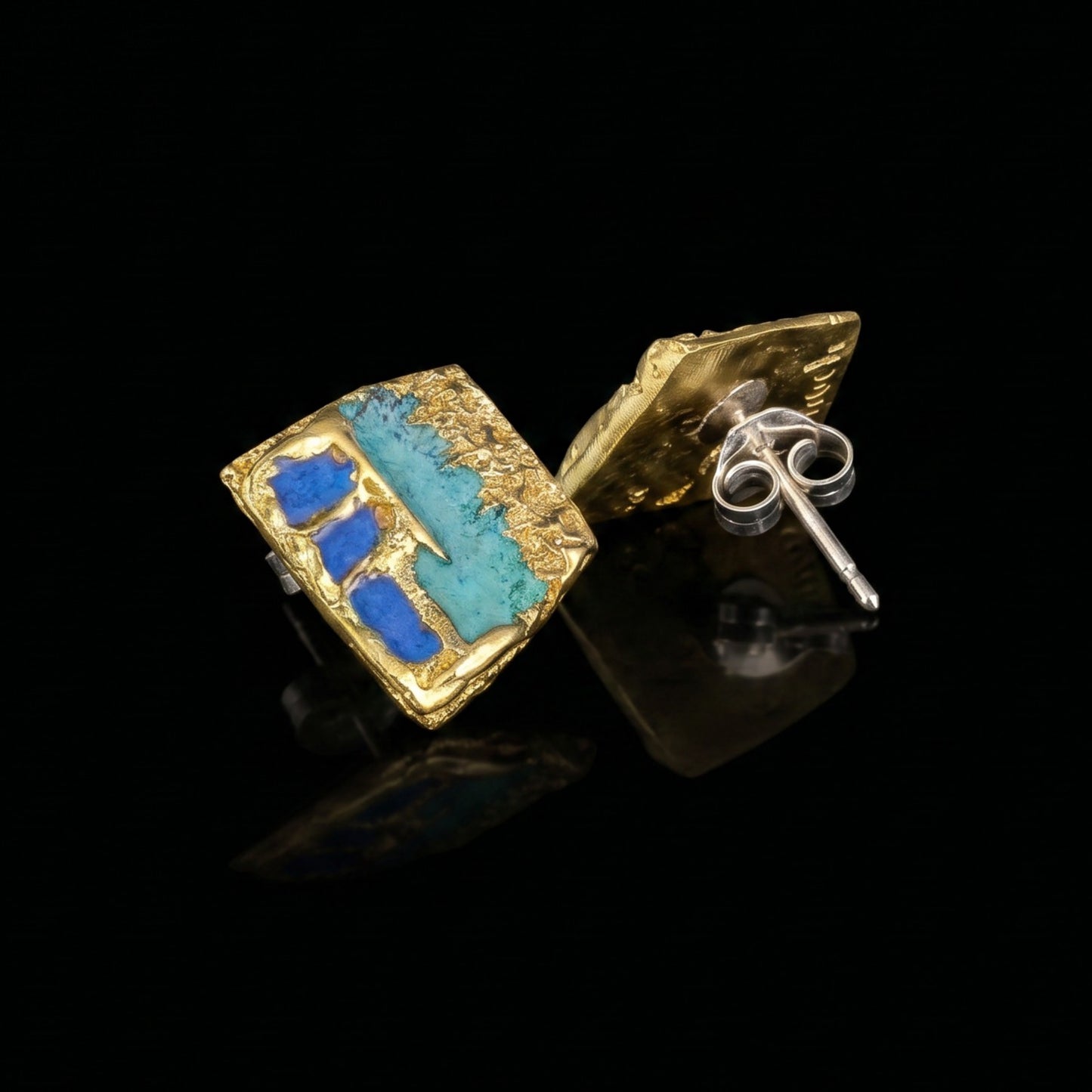 Square stud earrings with blue and turquoise inlay, gold-tone backing and post