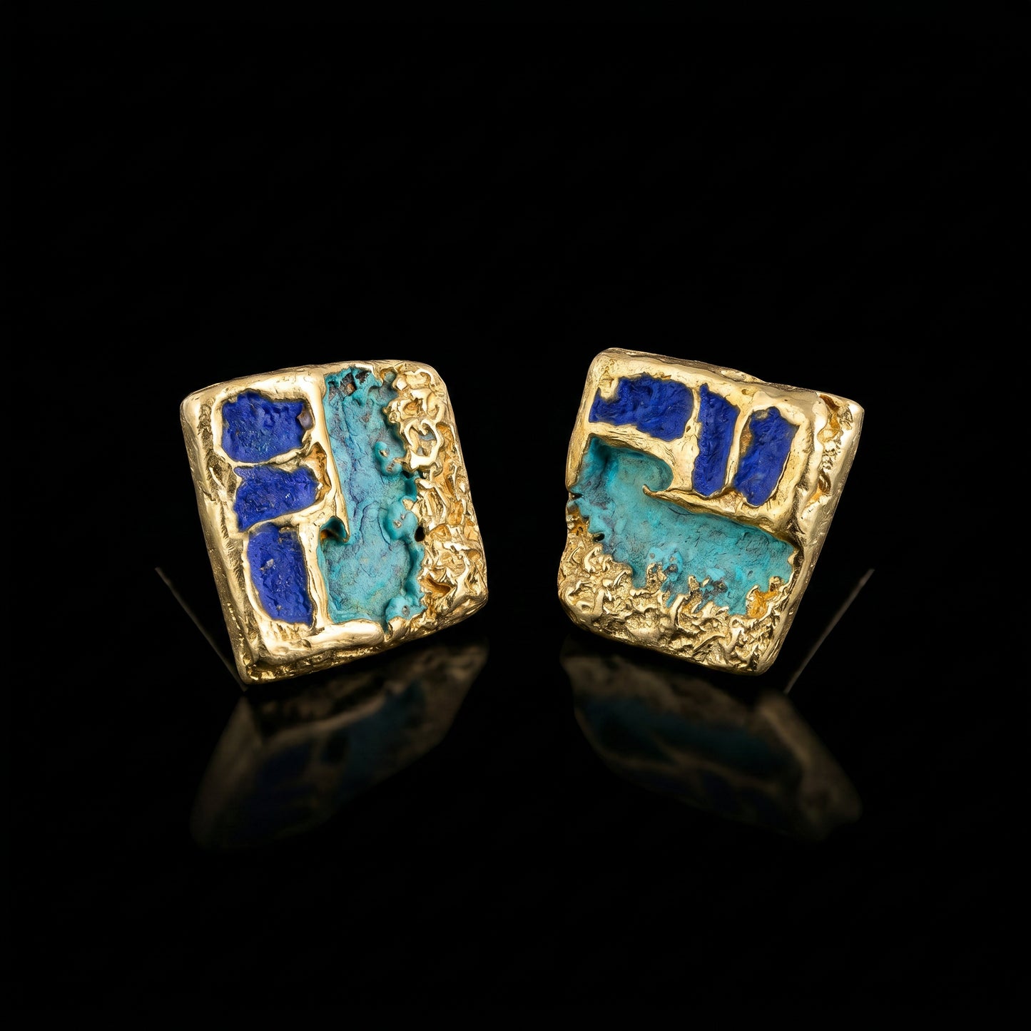 Square stud earrings with turquoise base and blue cross motif, gold-tone border