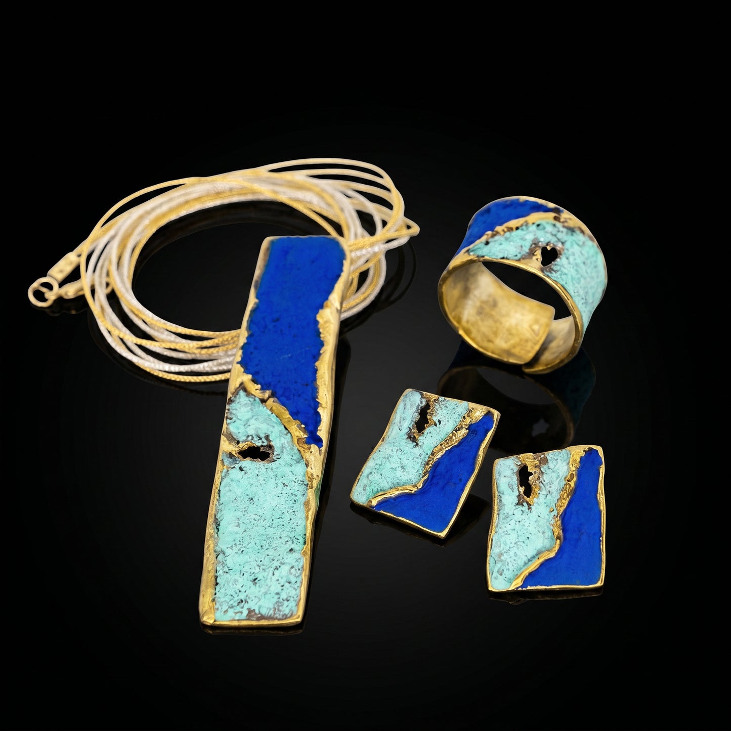 Blue and turquoise pendant necklace with large rectangular pendants and gold-tone chain