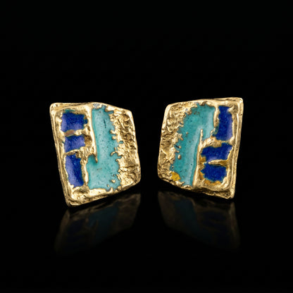 Square stud earrings with turquoise and blue enamel panels, gold-tone textured frame