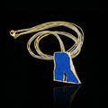 Blue pendant strata necklace with multiple layered gold chain strands