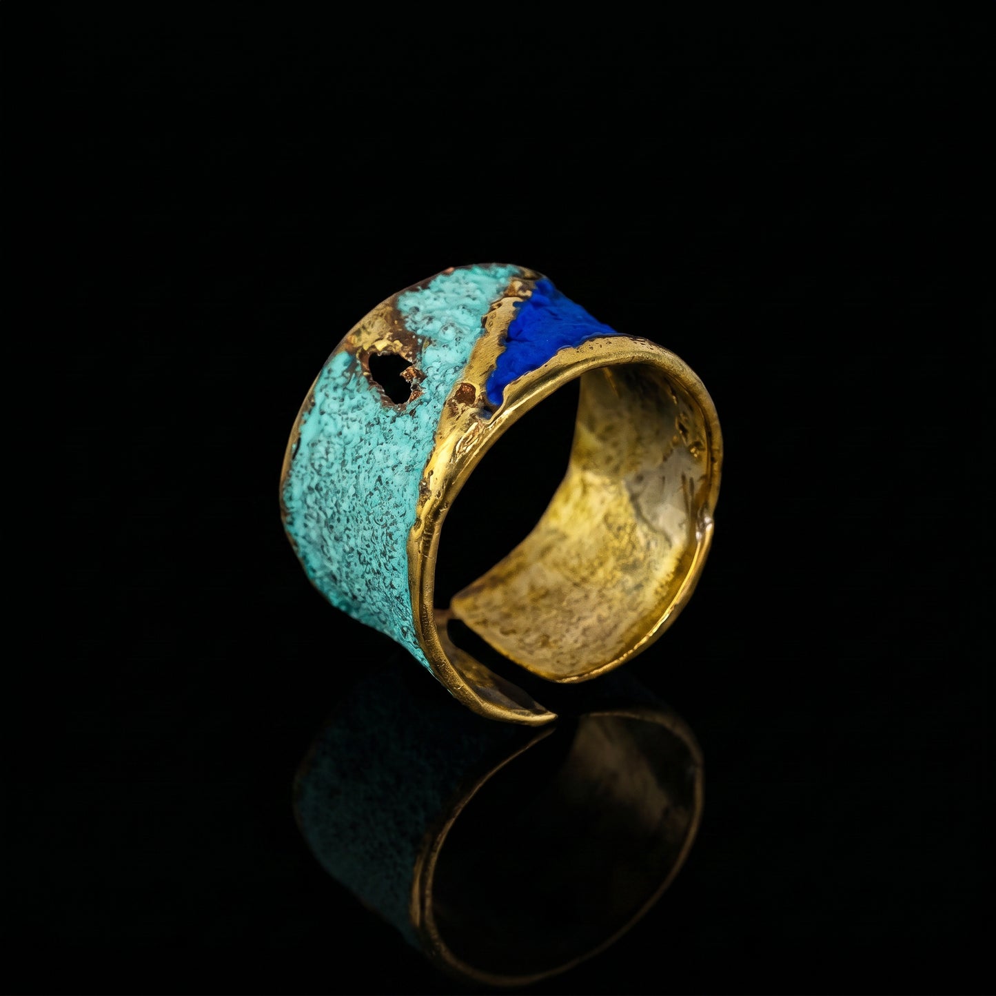 Turquoise and blue enamel ring with gold-toned open side and textured band
