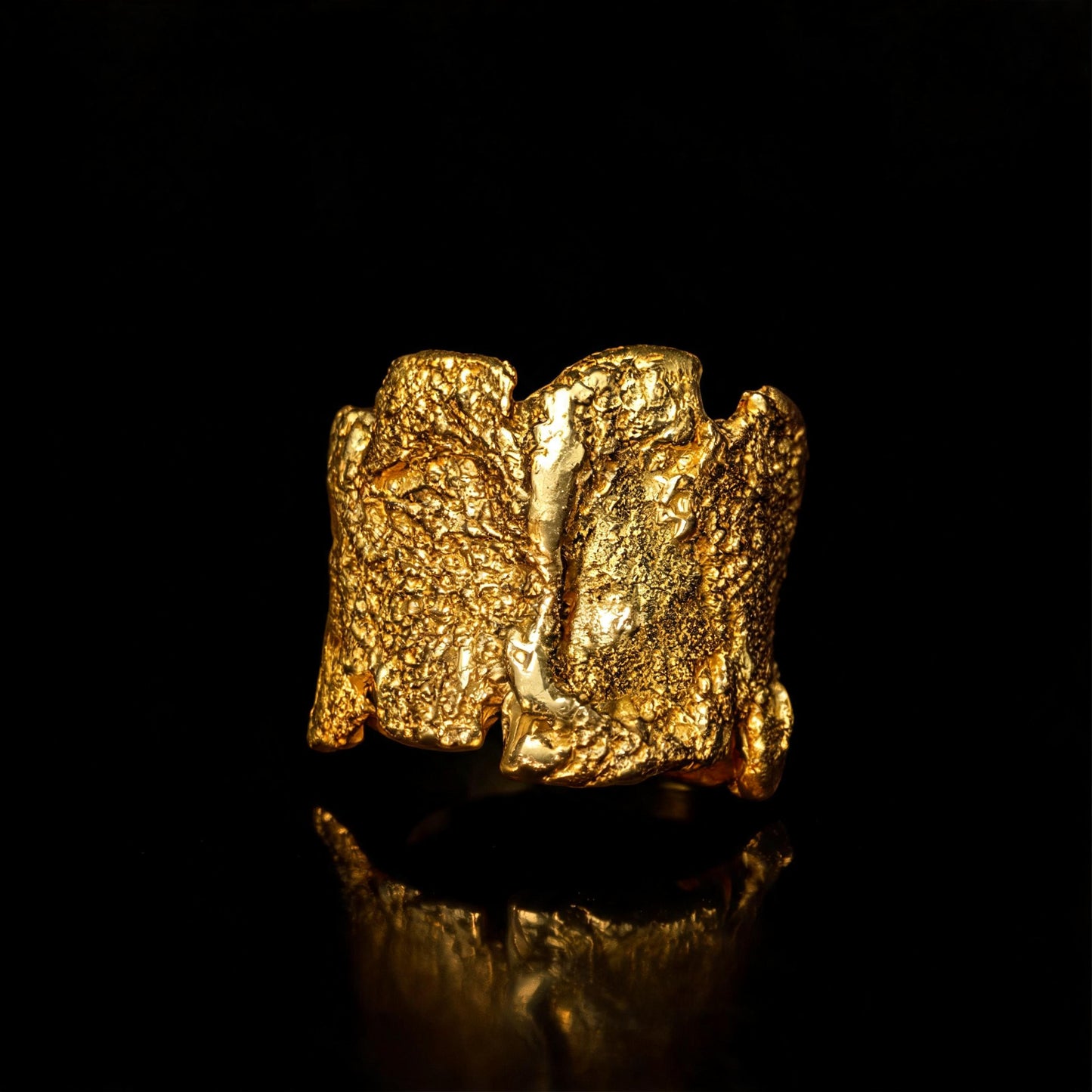18K Terra Viva ring in textured gold, thick wide band with curved open interior