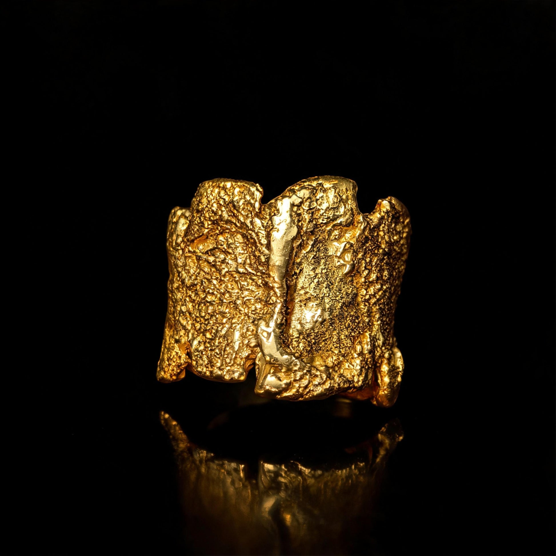 18K Terra Viva ring in textured gold, thick wide band with curved open interior