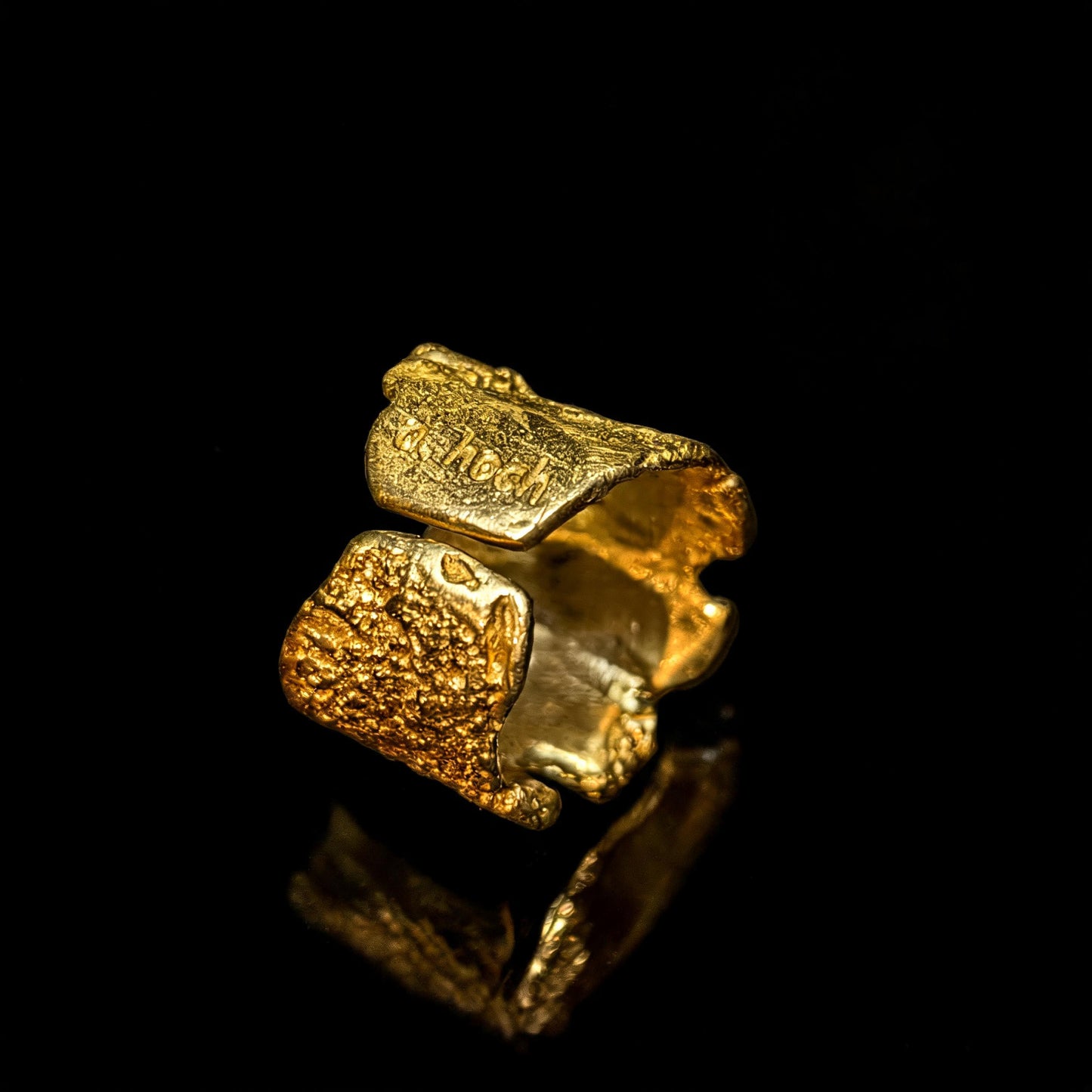 18K Terra Viva ring with textured gold surface, wide organic cuff style band