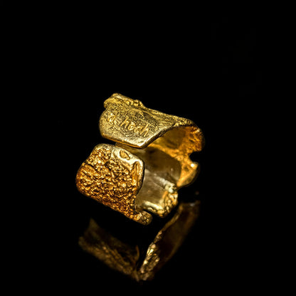 18K Terra Viva ring with textured gold surface, wide organic cuff style band