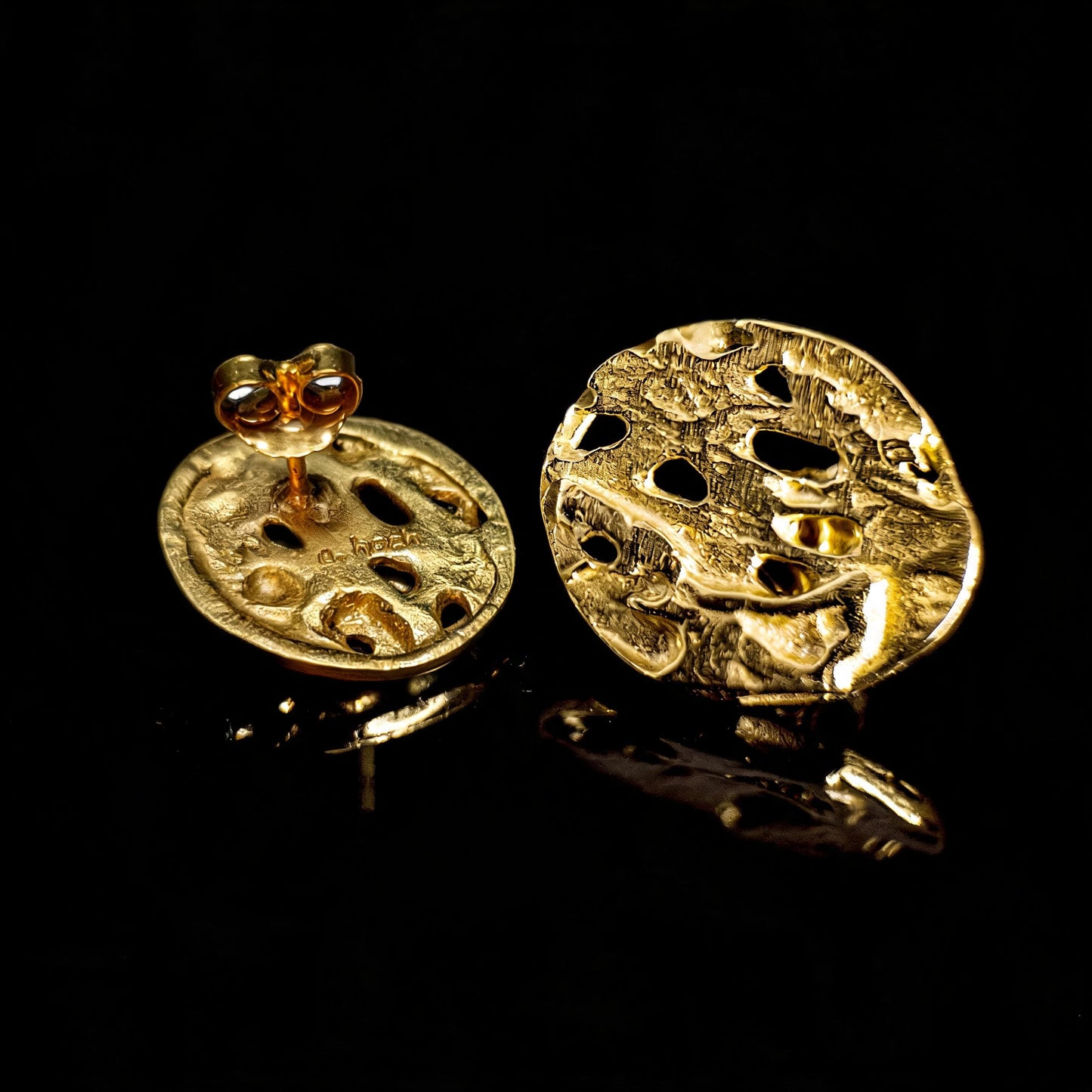 18K hollow circle earrings with cutout detailing and round back post, two views