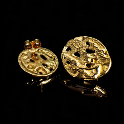 18K hollow circle earrings with cutout detailing and round back post, two views
